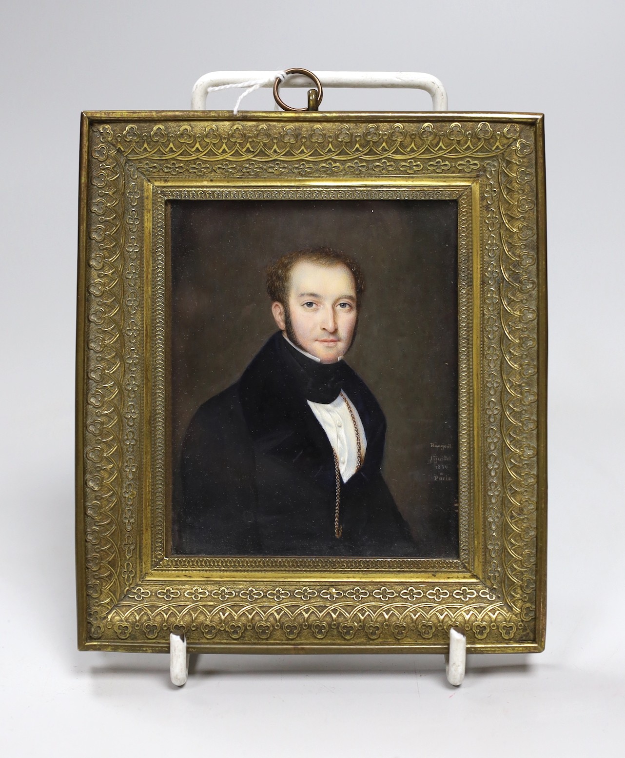 Jean Rougeot, 19th century, watercolour on ivory, portrait miniature of a gentleman, 1836, in gilt metal frame. 8cm high